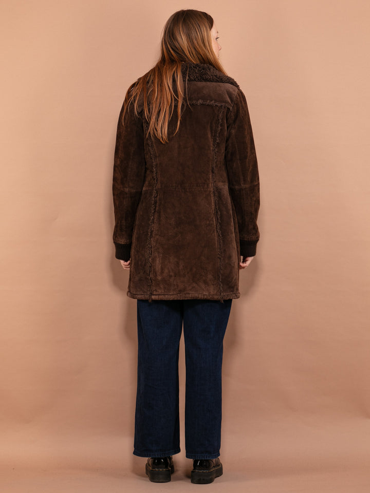 Suede Sherpa Coat 90s, Size Small, Brown Suede Sherpa Coat, Retro Suede Coat, Sustainable Vintage Clothing, Zip Up Coat, Faux Shearling Coat