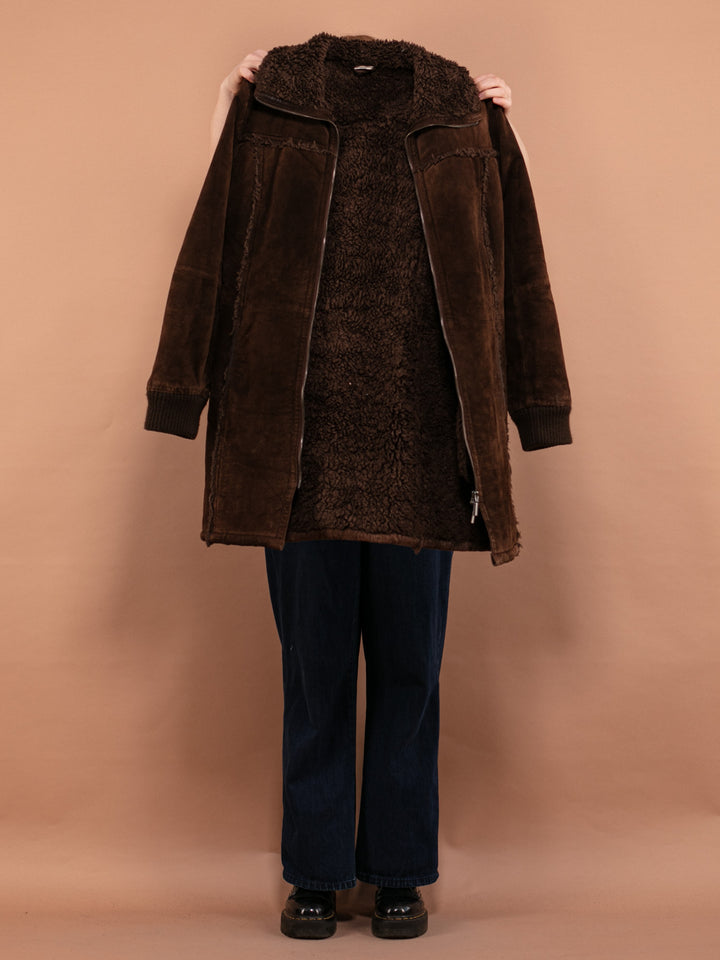 Suede Sherpa Coat 90s, Size Small, Brown Suede Sherpa Coat, Retro Suede Coat, Sustainable Vintage Clothing, Zip Up Coat, Faux Shearling Coat