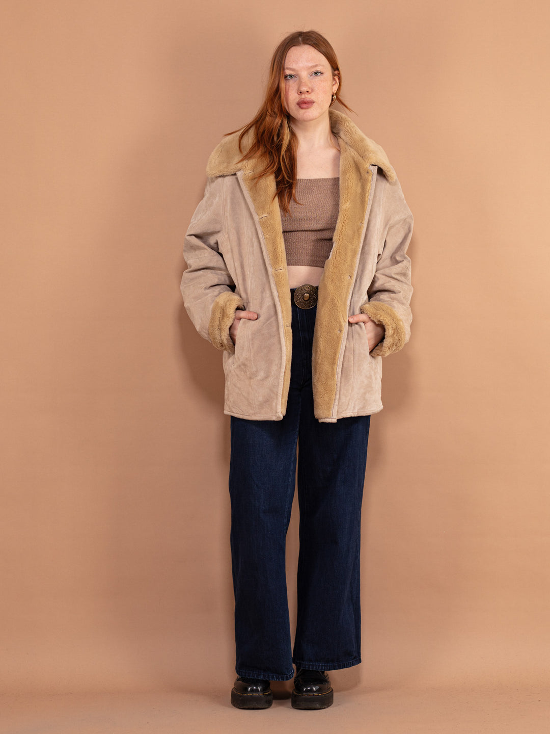 Beige Suede Sherpa Coat 90's, Size XL, Y2K Penny Lane Style Coat, Faux Fur Lined Casual Boho Coat, Women Winter Wear, 00's Clothing