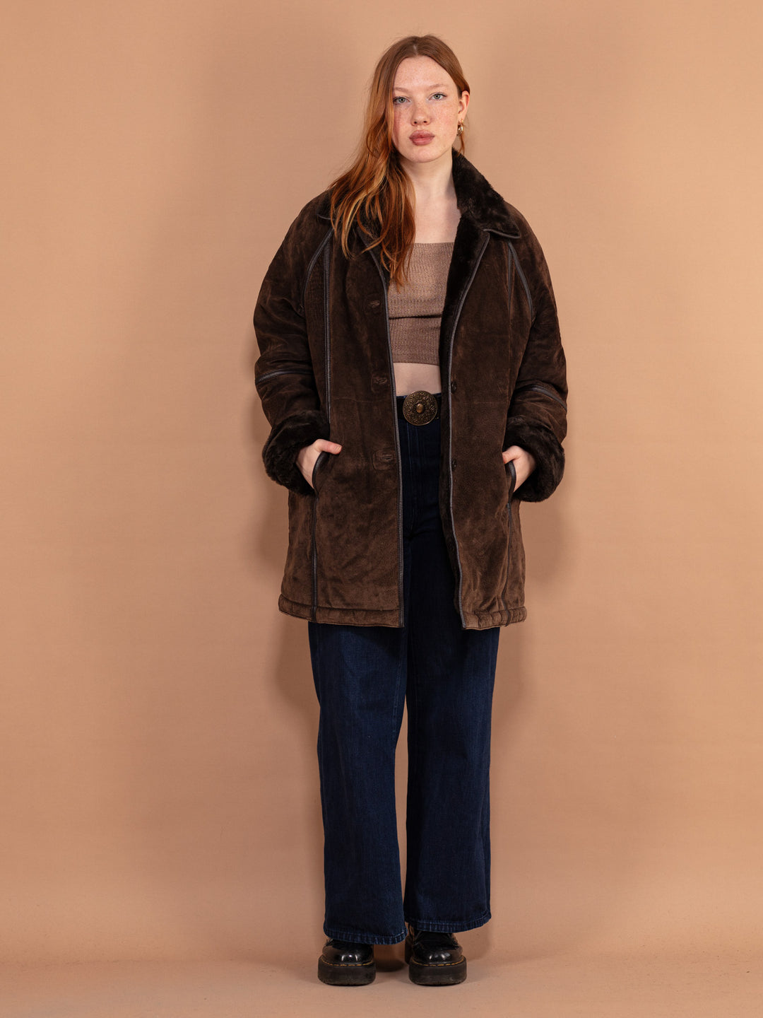 Suede Sherpa Coat 90's, Size XL, Women Sherpa Winter Coat, Vintage Faux Sheepskin Shearling Coat, Brown Suede Overcoat, 90s Outerwear
