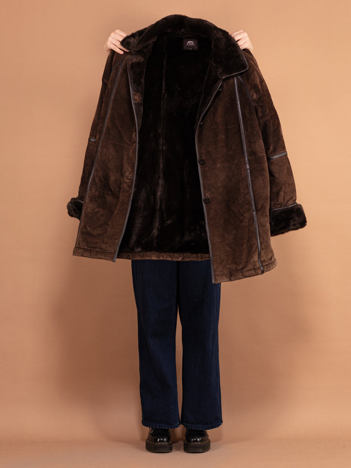 Suede Sherpa Coat 90's, Size XL, Women Sherpa Winter Coat, Vintage Faux Sheepskin Shearling Coat, Brown Suede Overcoat, 90s Outerwear