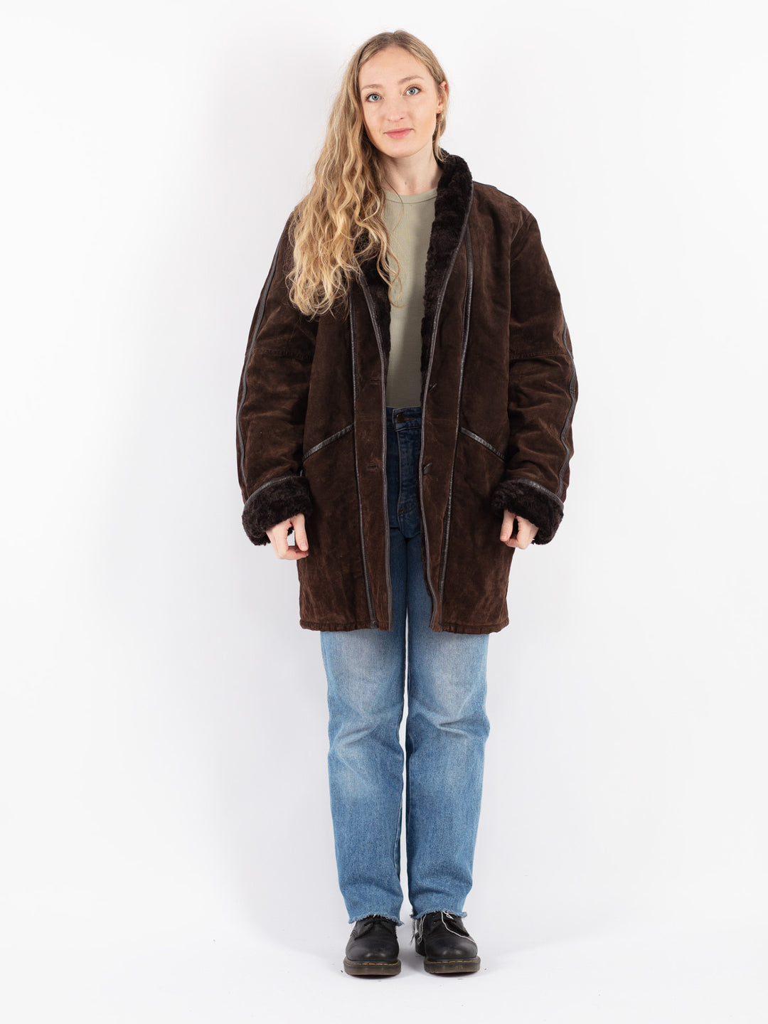 Vintage 90's Women Suede Sherpa Coat in Brown