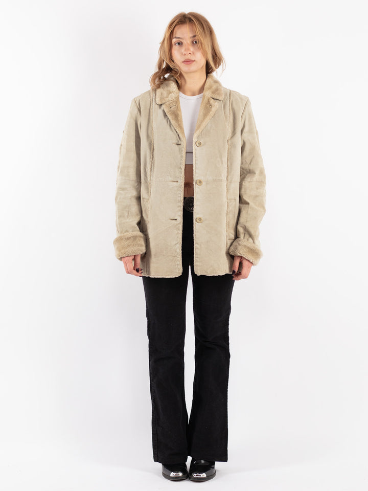 Vintage 90's Women Suede Sherpa Coat in Beige