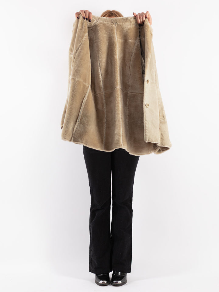 Vintage 90's Women Suede Sherpa Coat in Beige