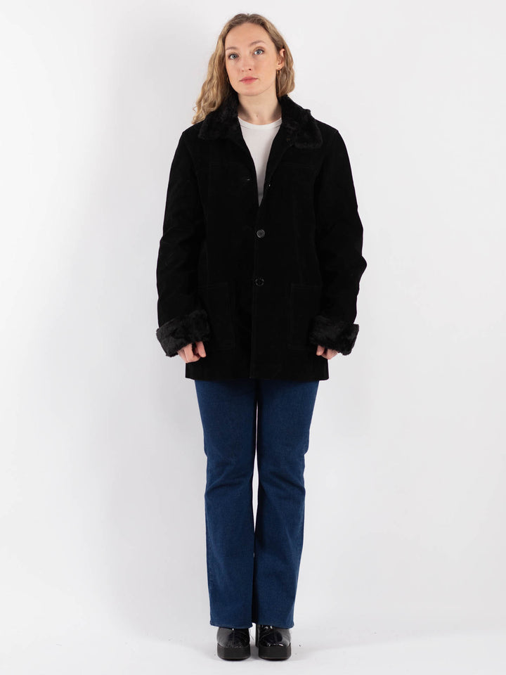 Vintage 90's Women Suede Sherpa Coat in Black