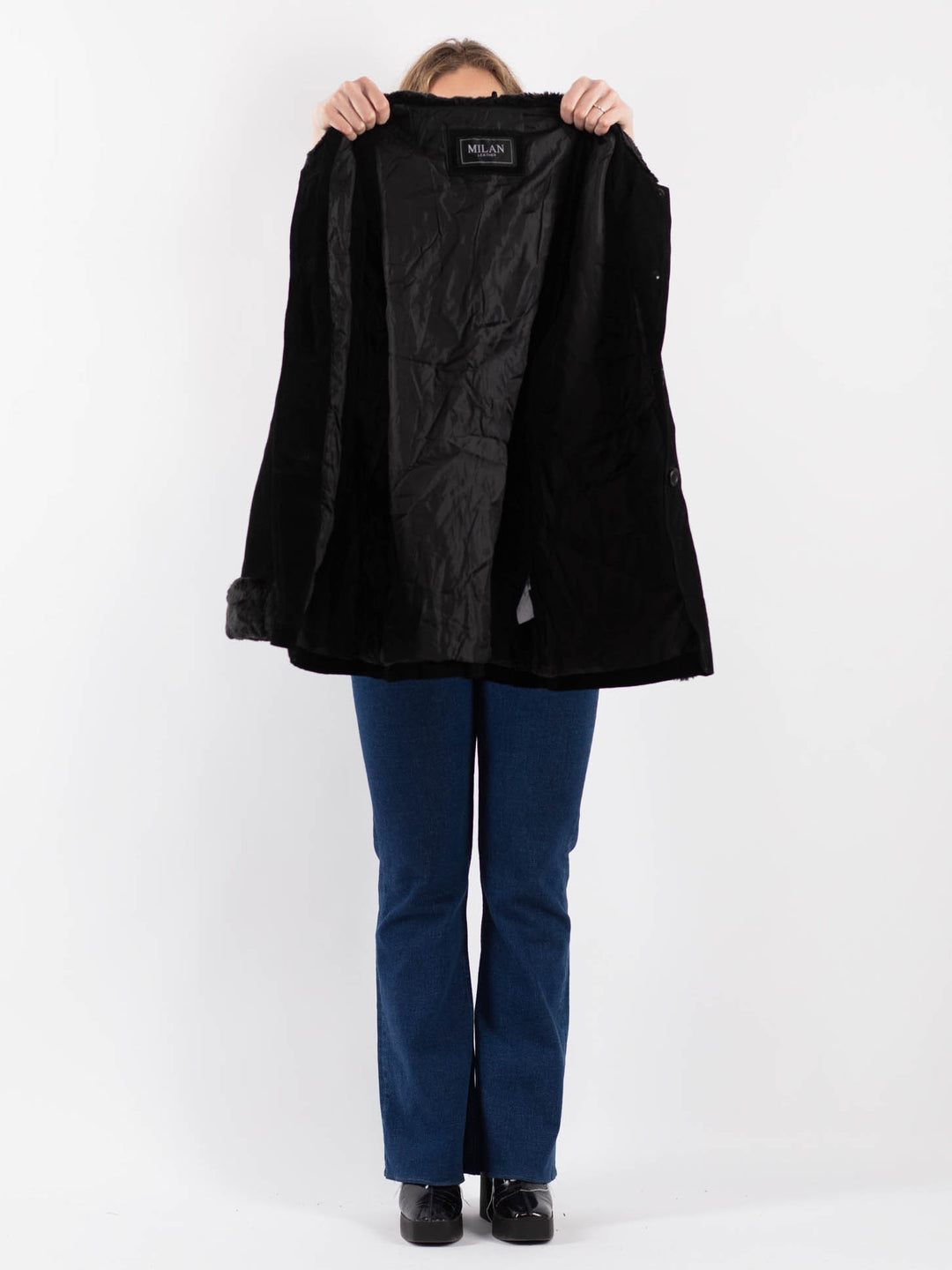 Vintage 90's Women Suede Sherpa Coat in Black