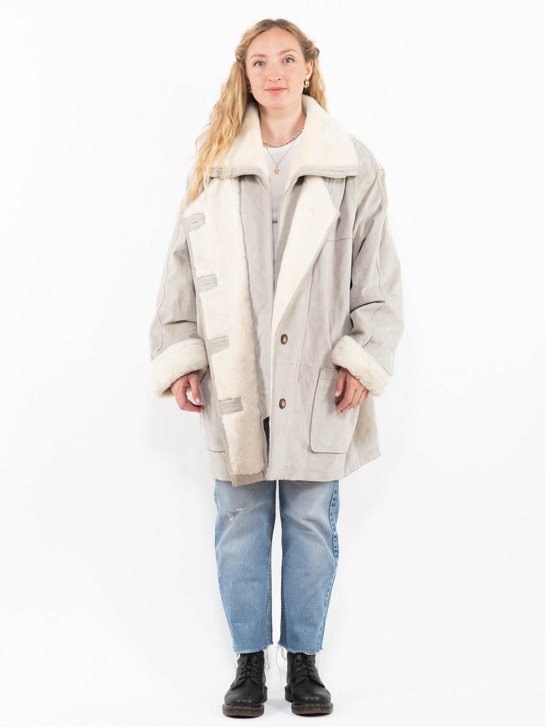 Vintage 90's Women Suede Sherpa Coat in GrayA0271