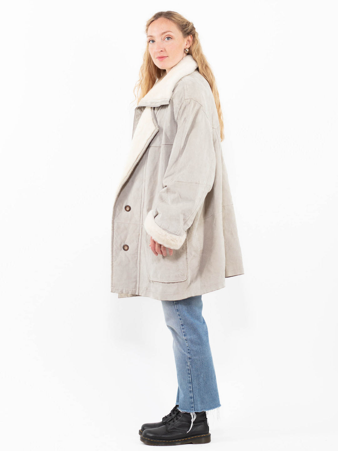 Vintage 90's Women Suede Sherpa Coat in GrayA0271