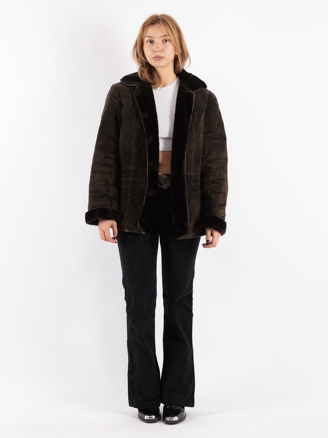 Vintage 90's Women Suede Sherpa Coat in Brown