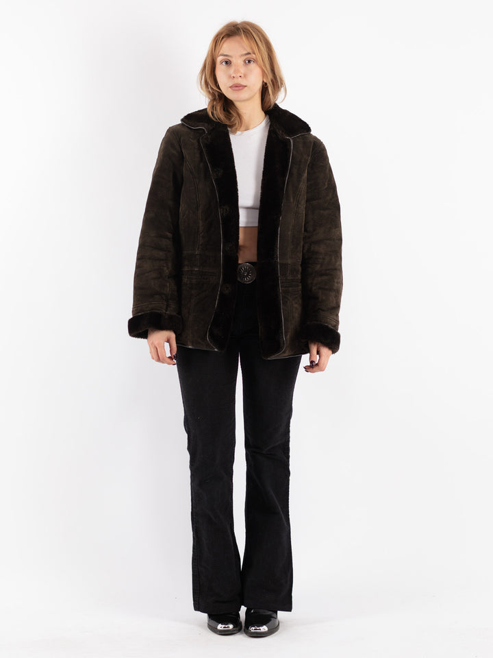 Vintage 90's Women Suede Sherpa Coat in Brown