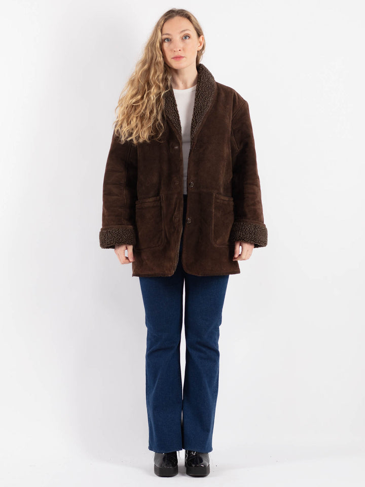 Vintage 90's Women Suede Sherpa Coat in Brown