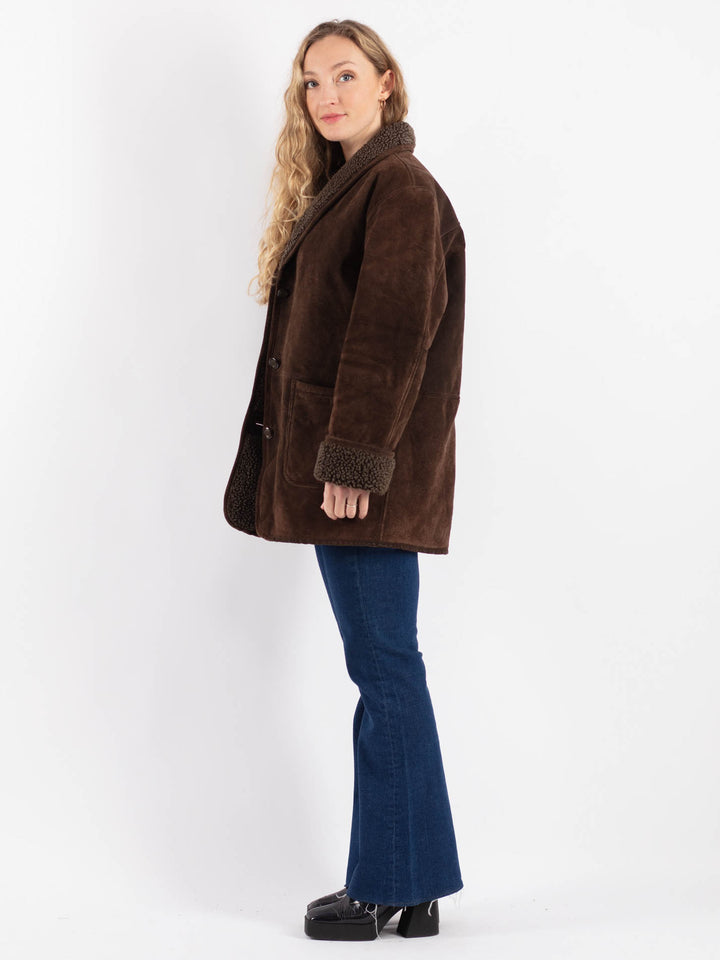 Vintage 90's Women Suede Sherpa Coat in Brown