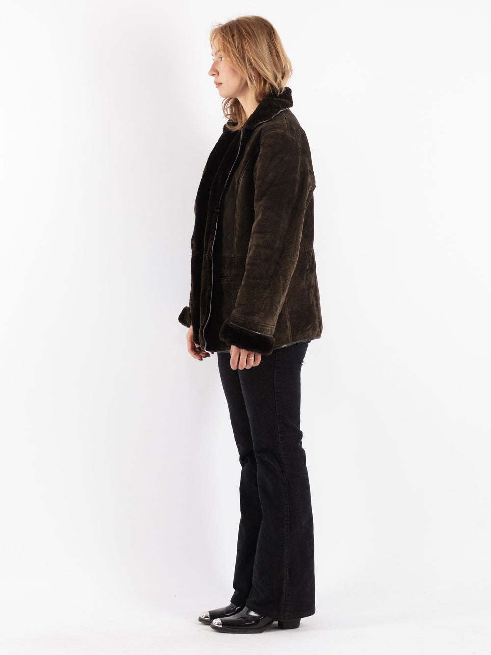 Vintage 90's Women Suede Sherpa Coat in Brown