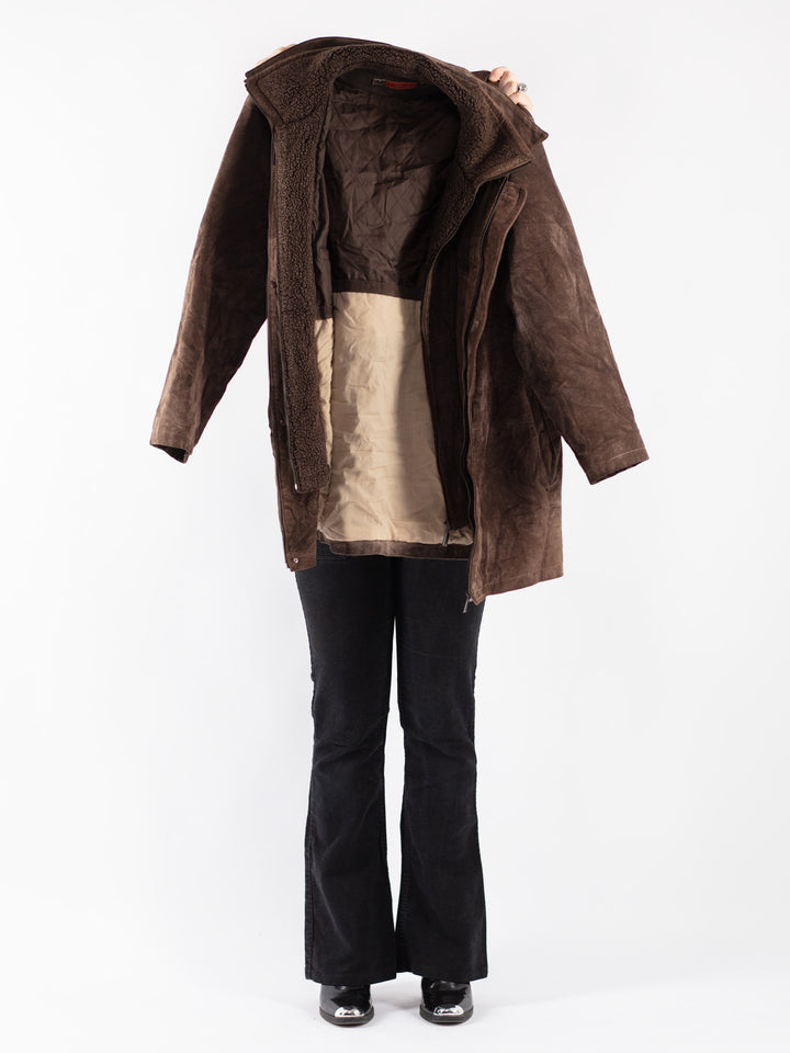 Vintage 90's Women Suede Sherpa Coat in Brown
