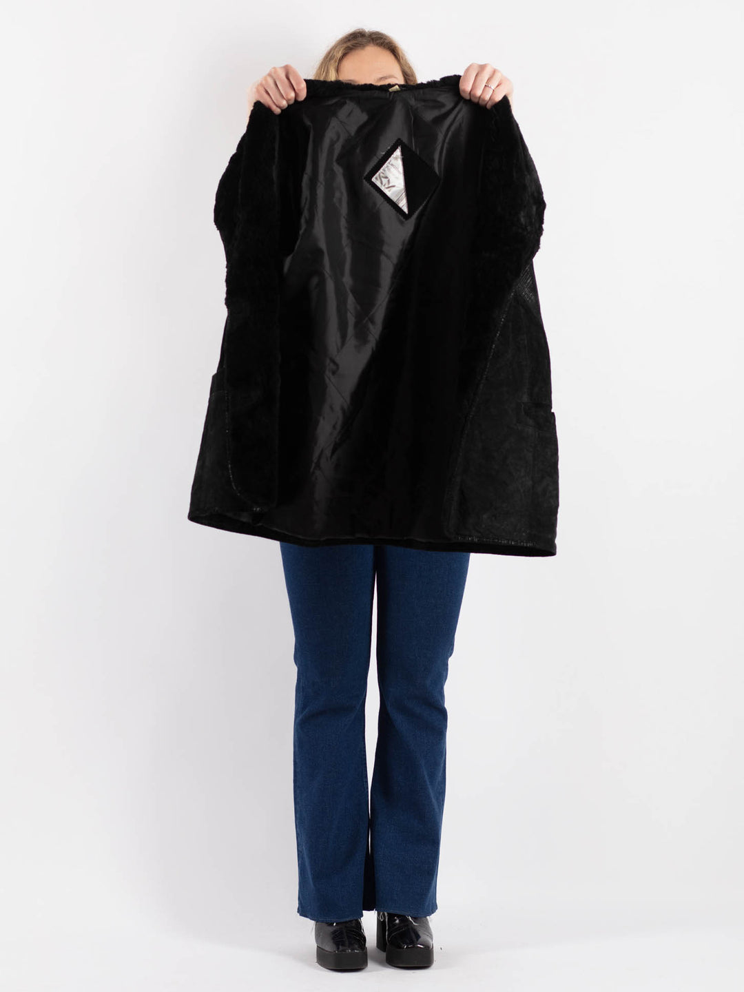 Vintage 90's Women Suede Sherpa Coat in Black