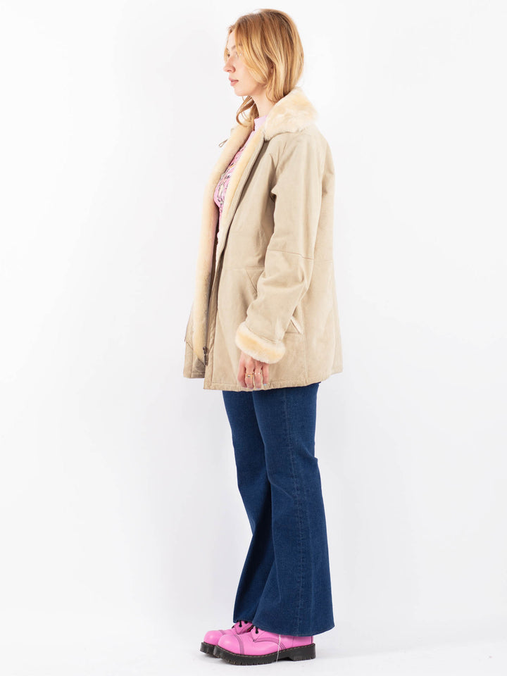 Vintage 90's Women Suede Sherpa Coat in BeigeV9571