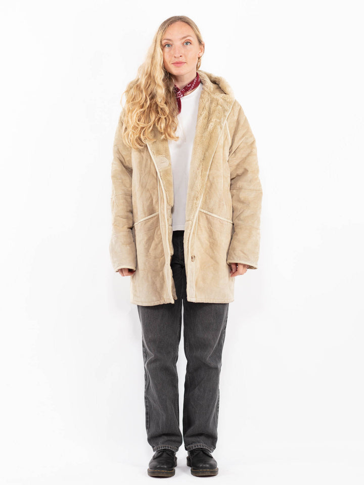 Vintage 90's Women Suede Sherpa Coat in BeigeA0665