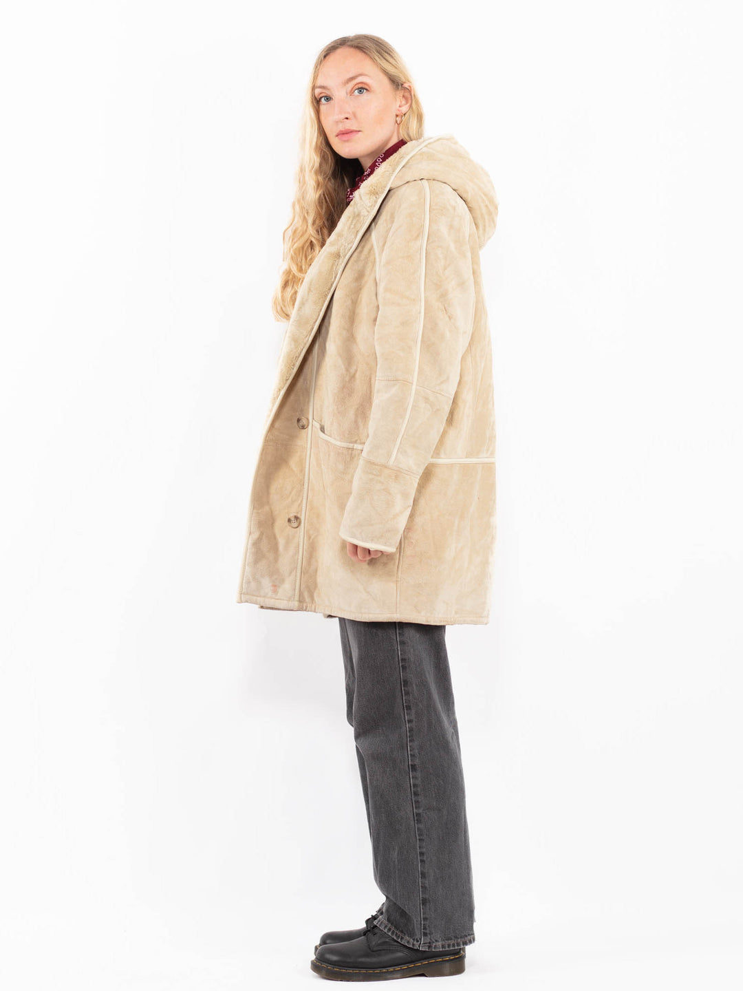Vintage 90's Women Suede Sherpa Coat in BeigeA0665