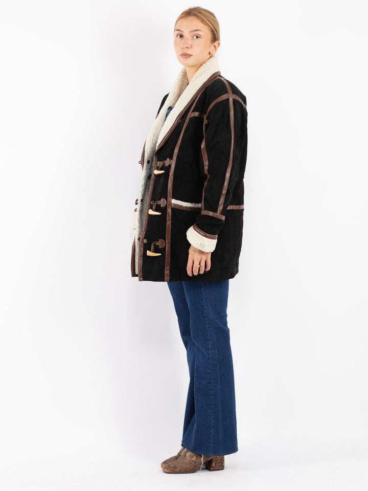 Vintage 90's Women Suede Sherpa Coat in Black