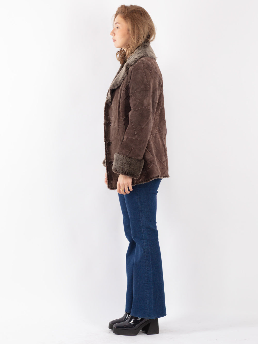 Vintage 90's Women Suede Sherpa Coat in Brown