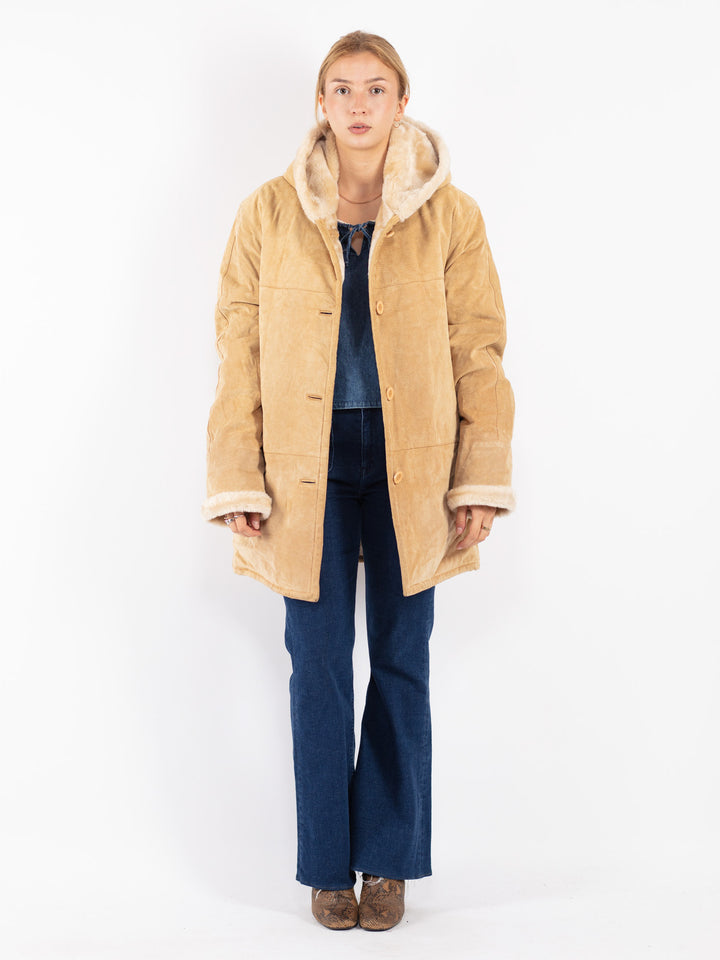 Vintage 90's Women Suede Sherpa Coat in Beige