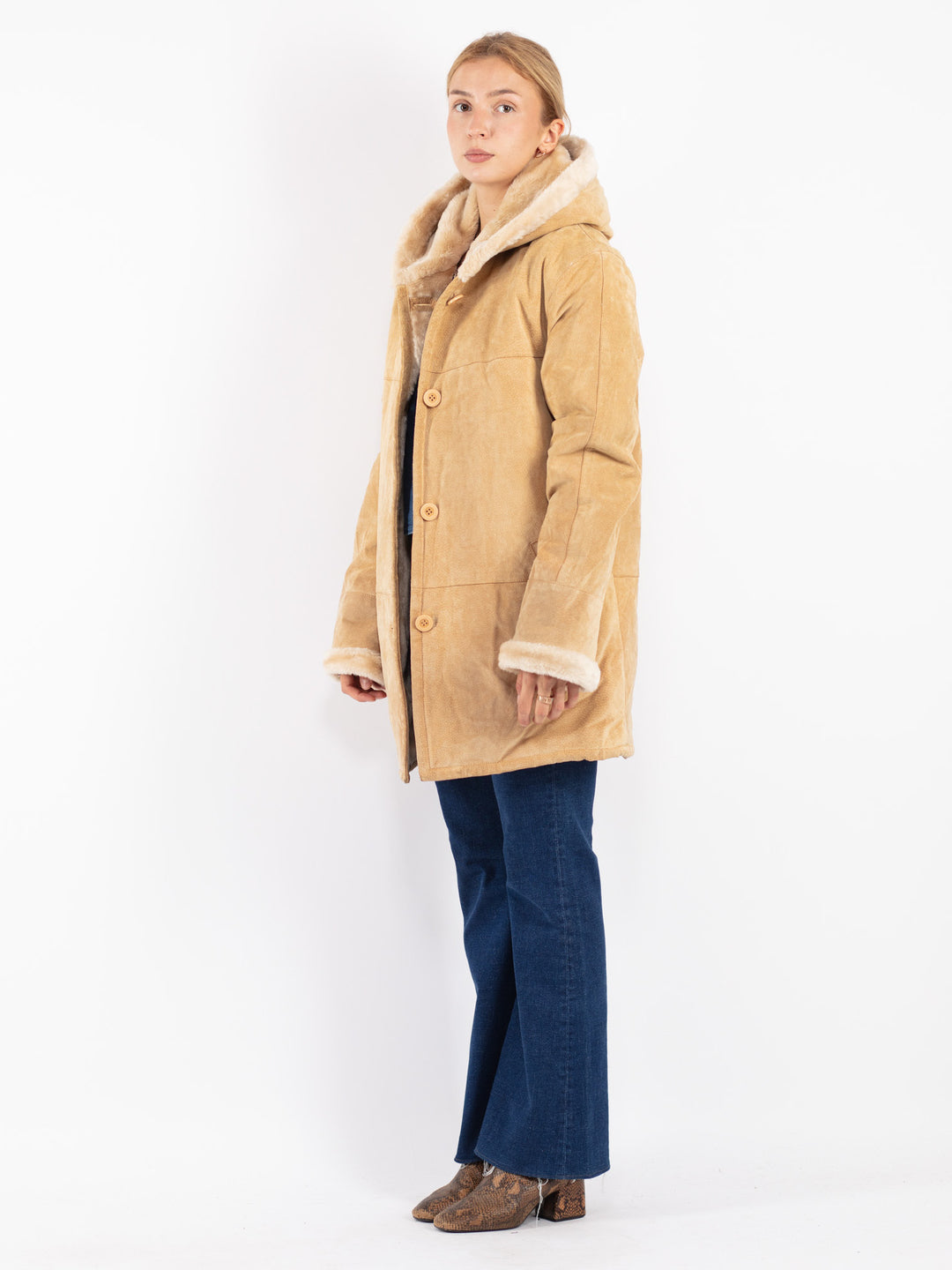 Vintage 90's Women Suede Sherpa Coat in Beige