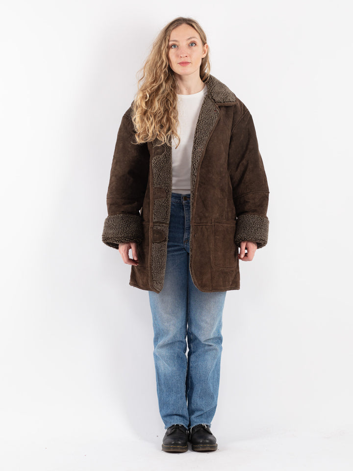 Vintage 90's Women Suede Sherpa Coat in Brown