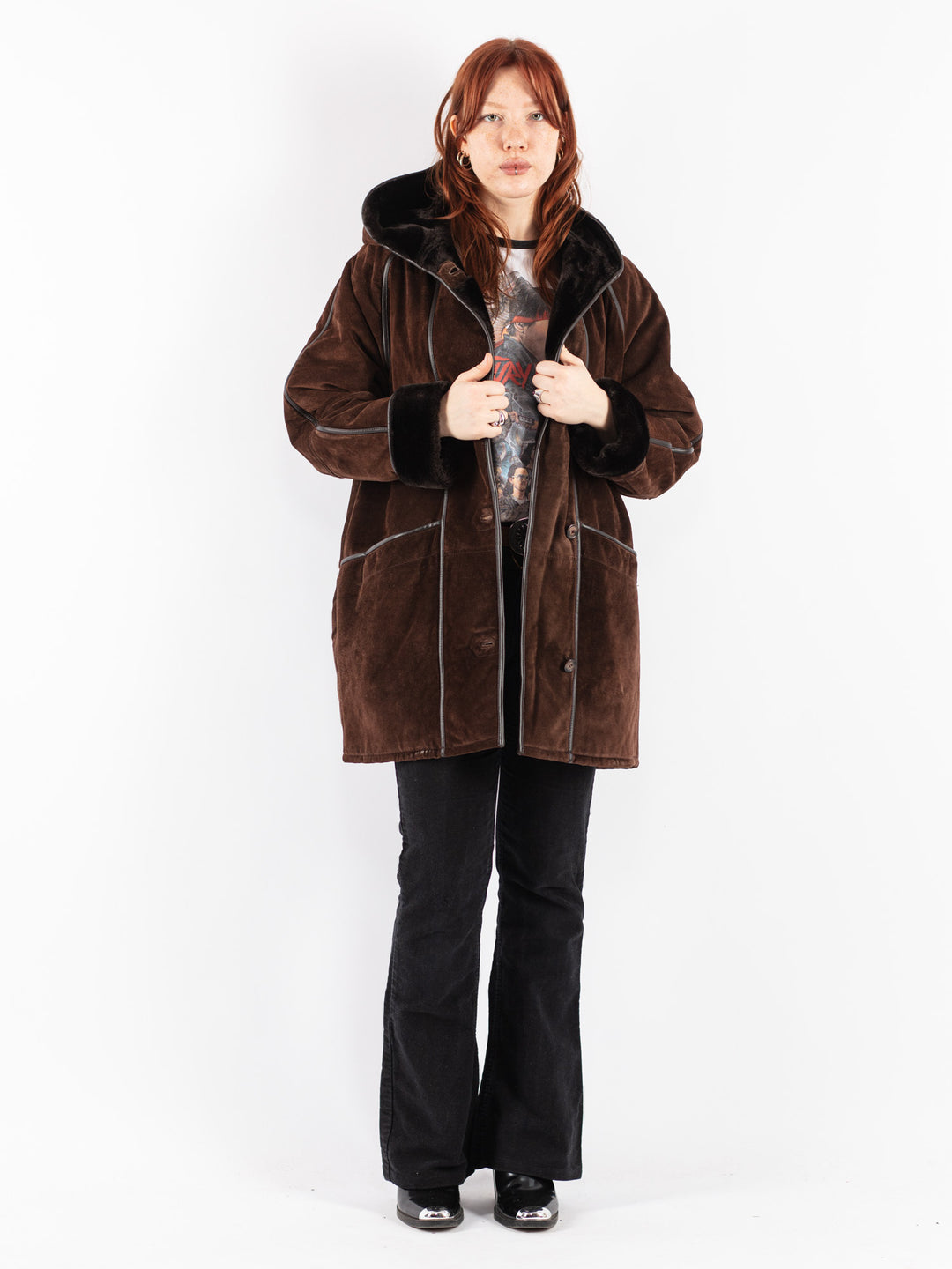 Vintage 90's Women Suede Sherpa Coat in Brown