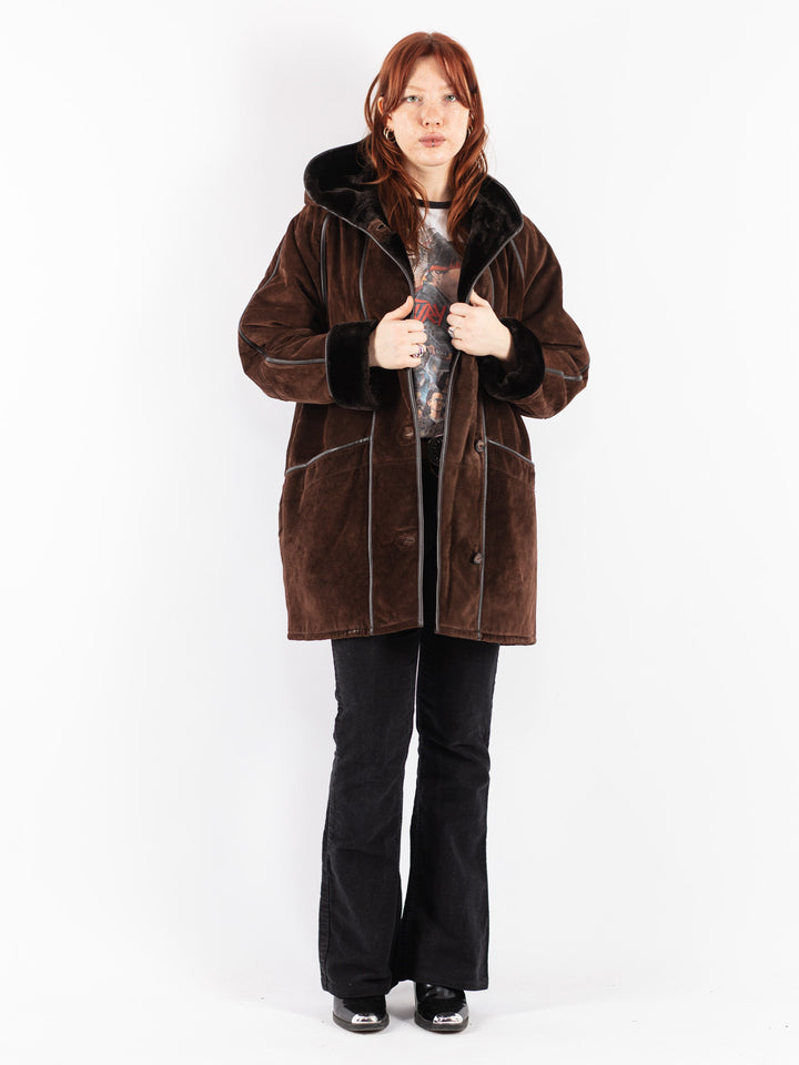 Vintage 90's Women Suede Sherpa Coat in Brown