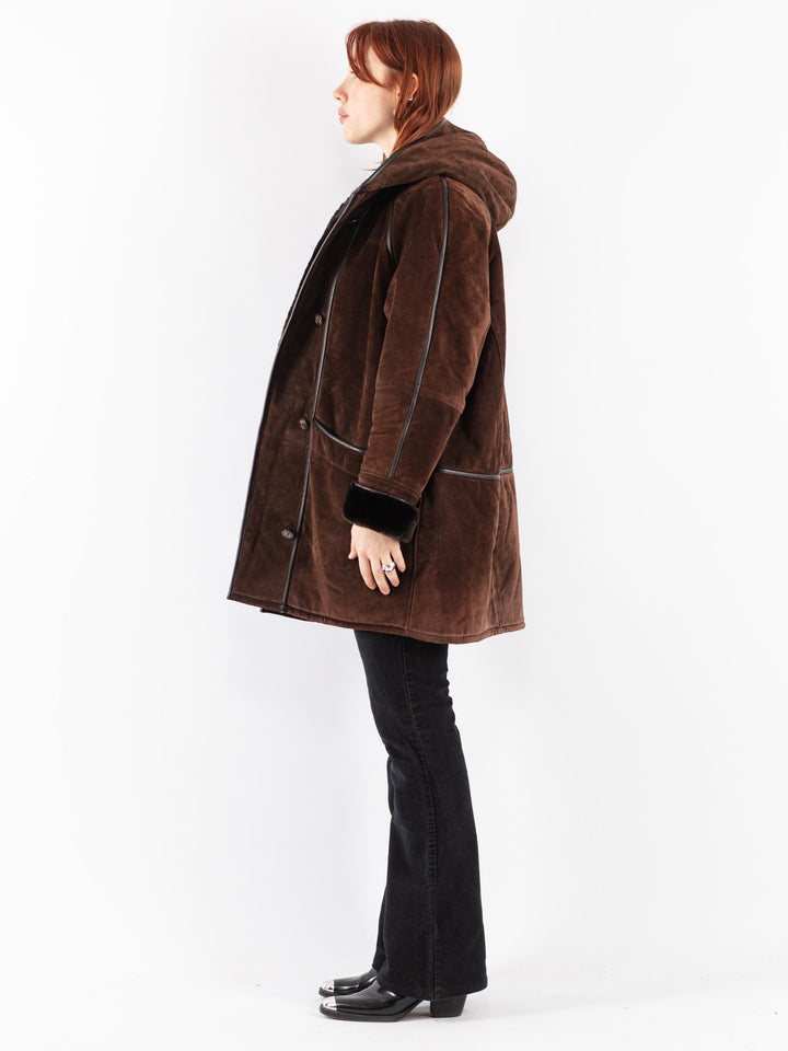 Vintage 90's Women Suede Sherpa Coat in Brown