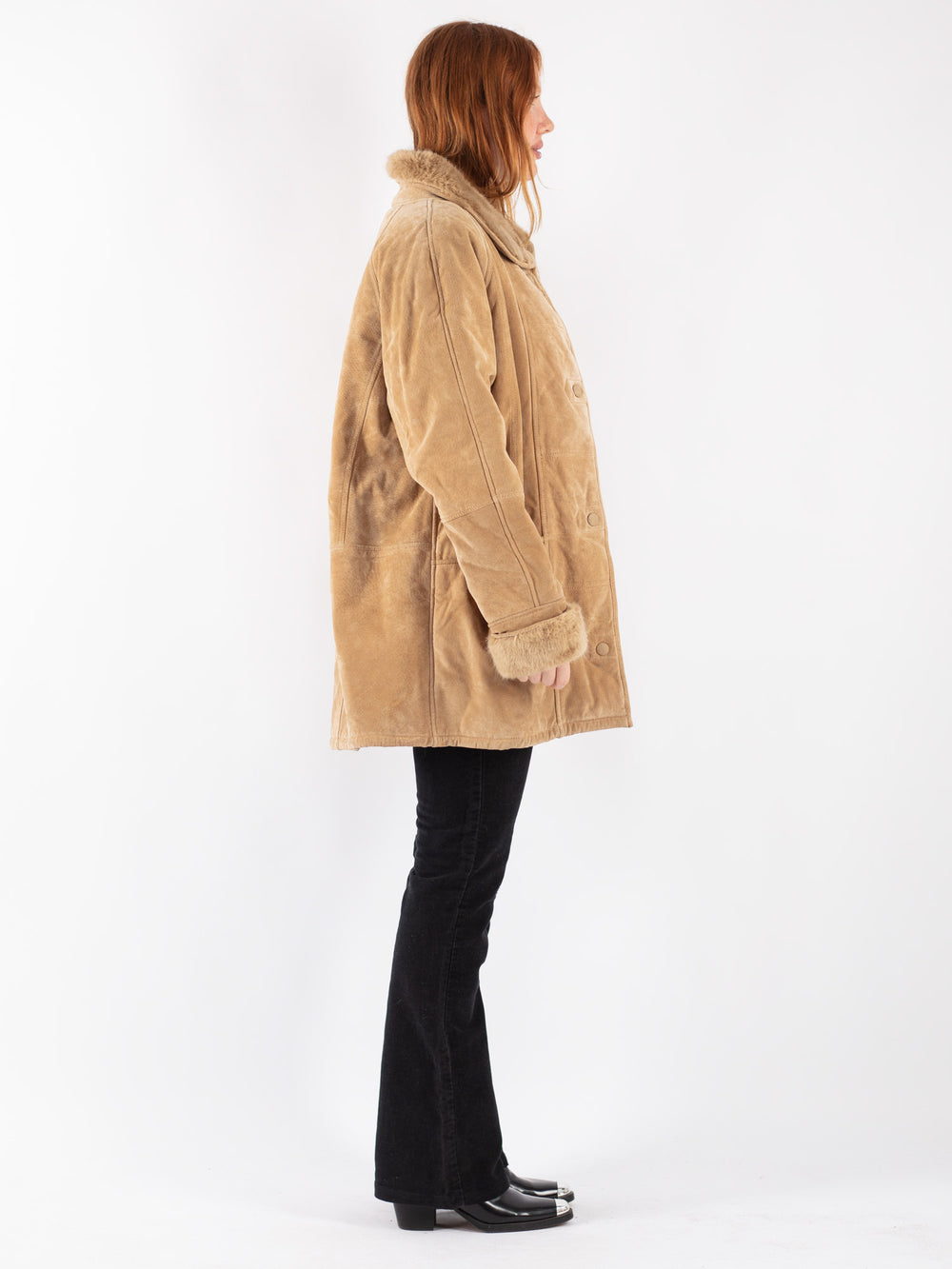 Vintage 90's Women Suede Sherpa Coat in Beige
