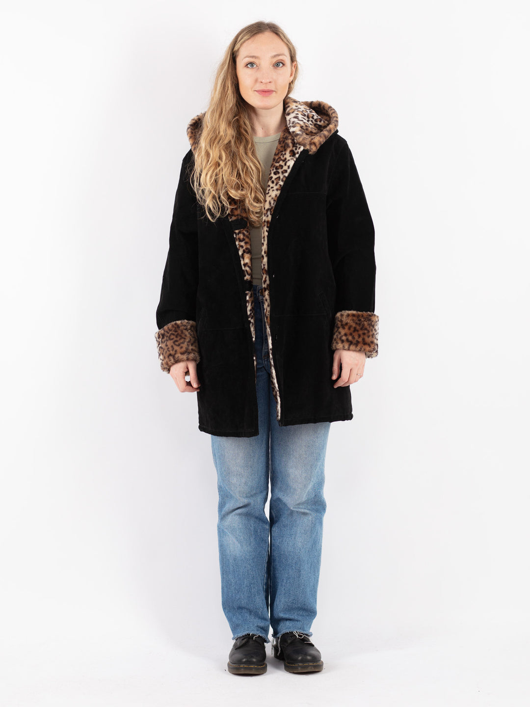 Vintage 90's Women Suede Sherpa Coat in Black