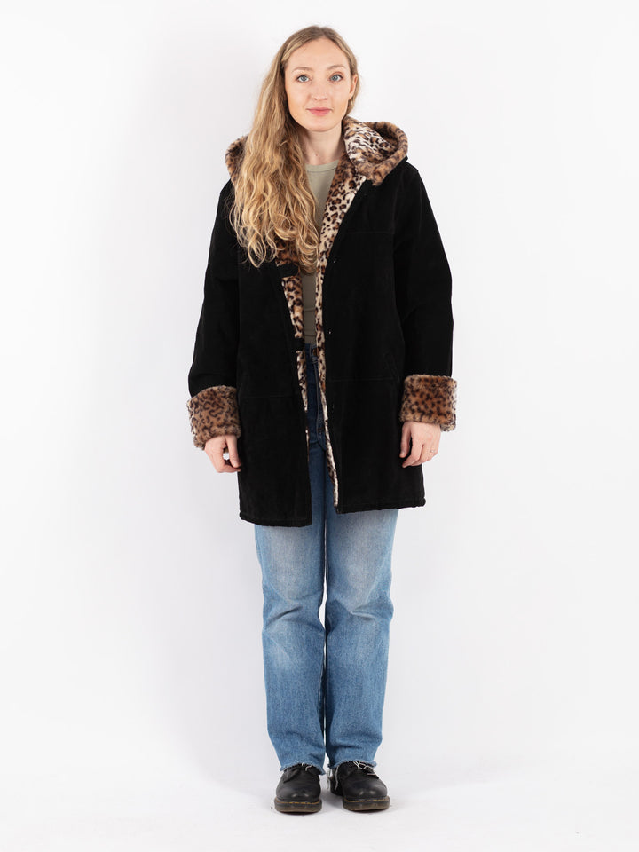 Vintage 90's Women Suede Sherpa Coat in Black