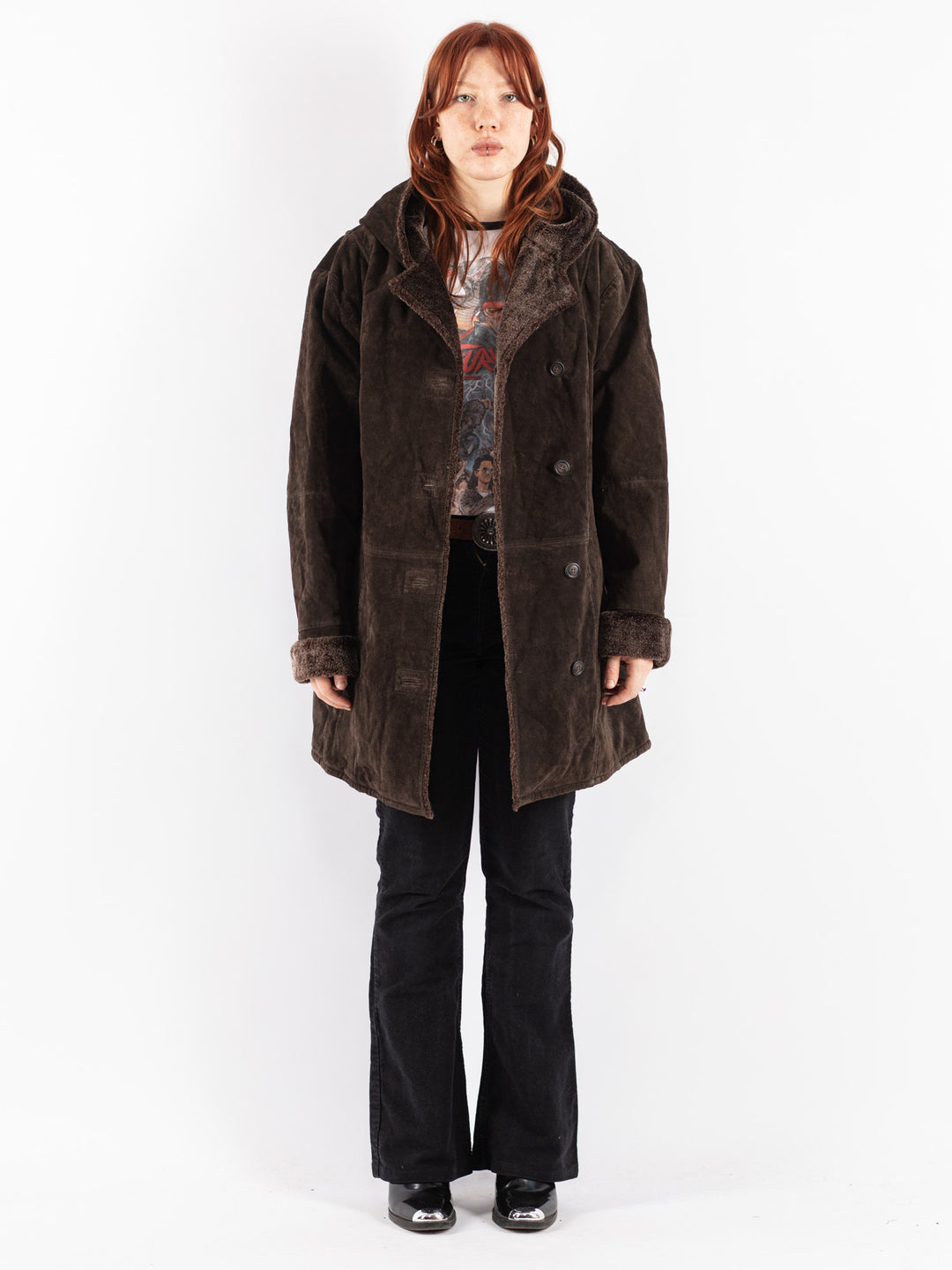 Vintage 90's Women Suede Sherpa Coat in Brown