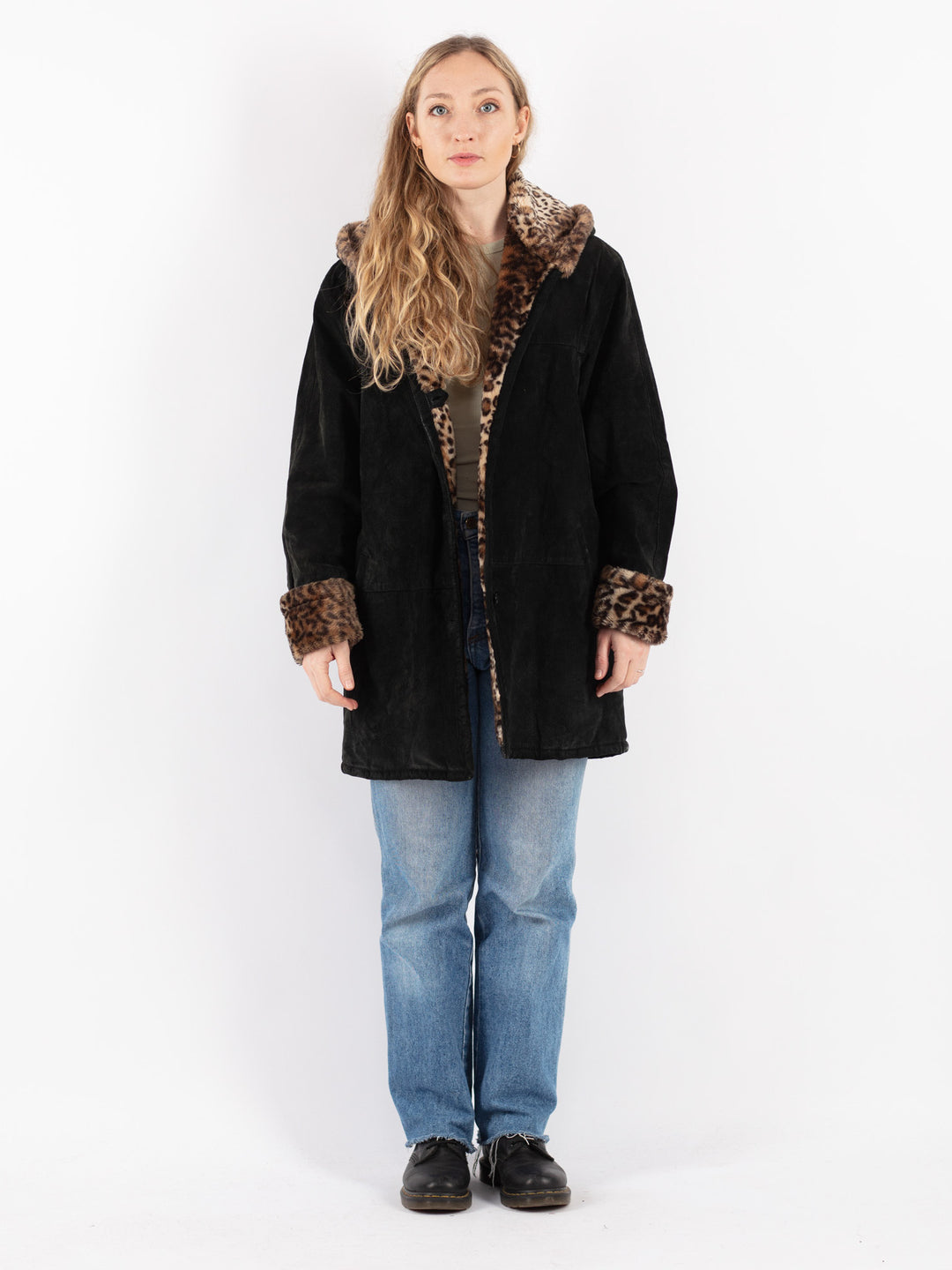 Vintage 90's Women Suede Sherpa Coat in Black