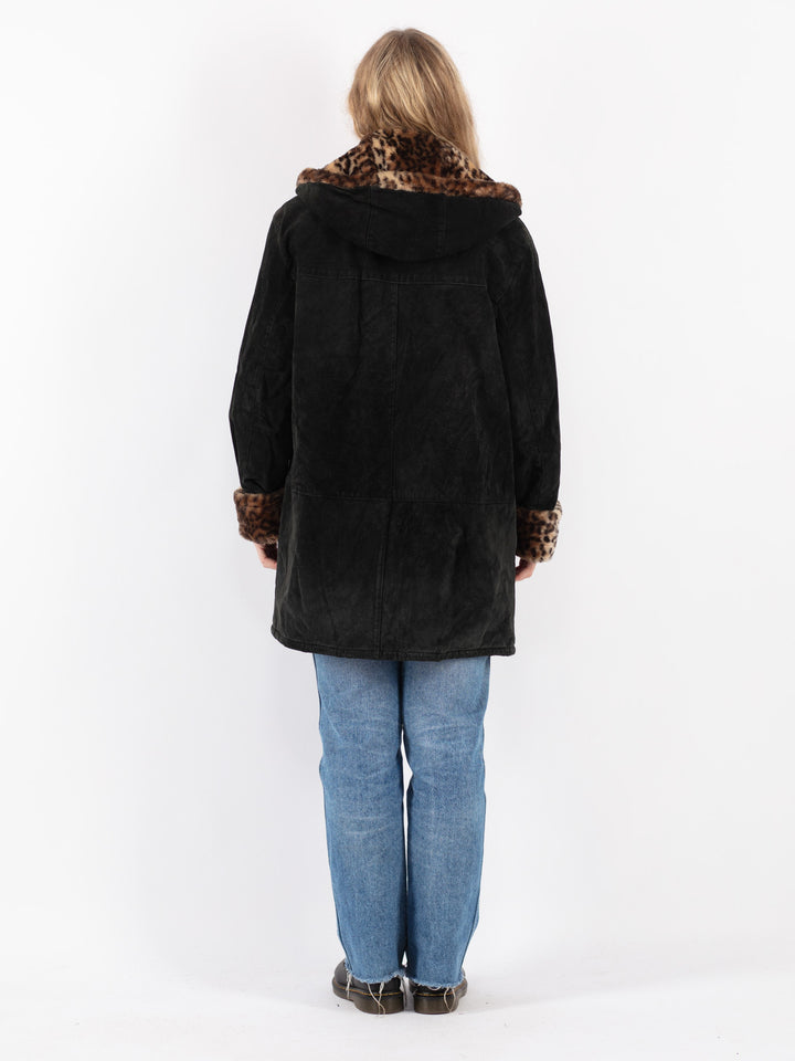 Vintage 90's Women Suede Sherpa Coat in Black