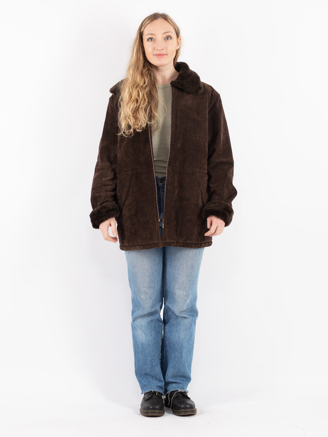 Vintage 90's Women Suede Sherpa Coat in Brown