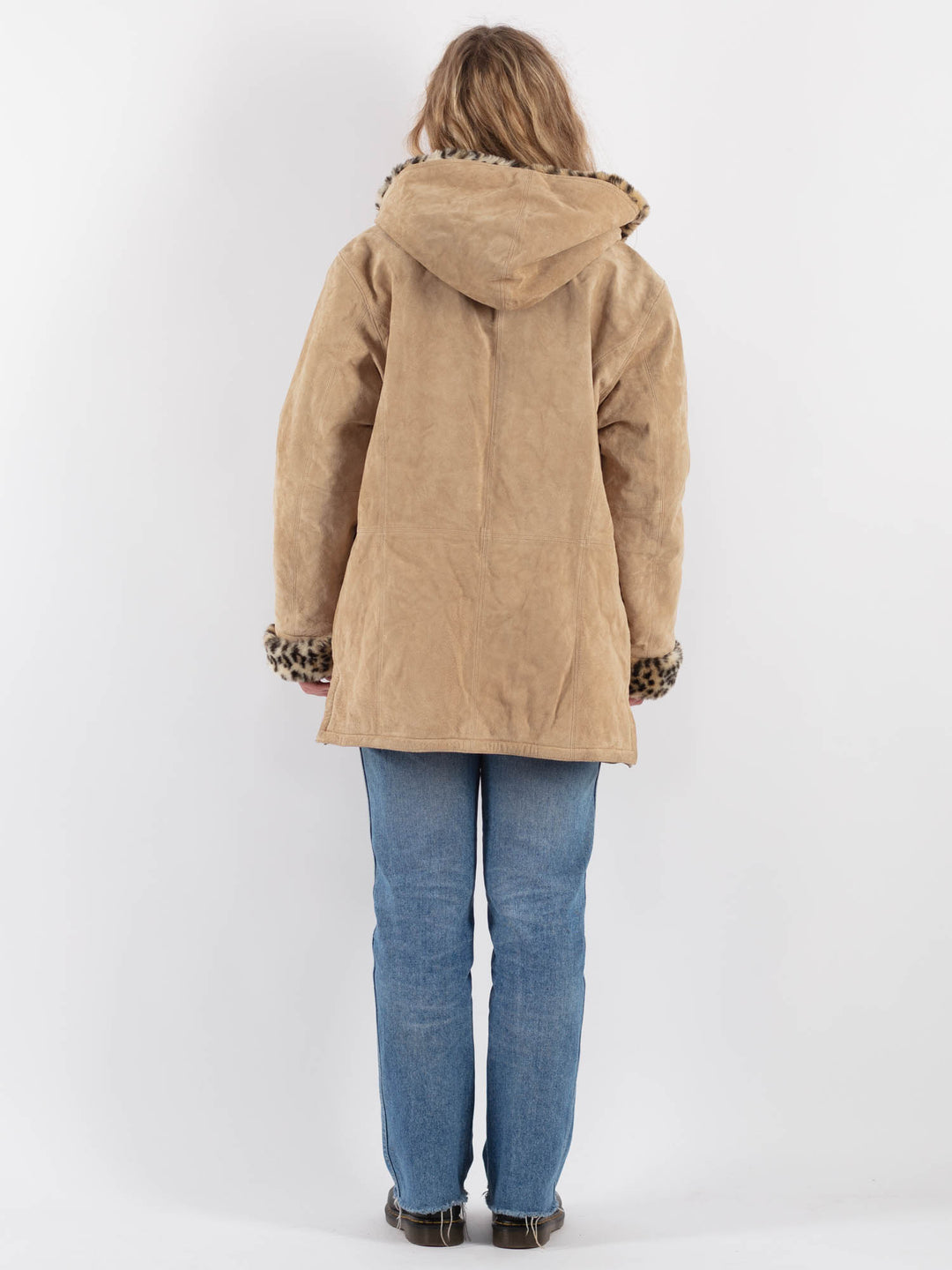 Vintage 90's Women Hooded Suede Sherpa Coat in Beige - NorthernGrip