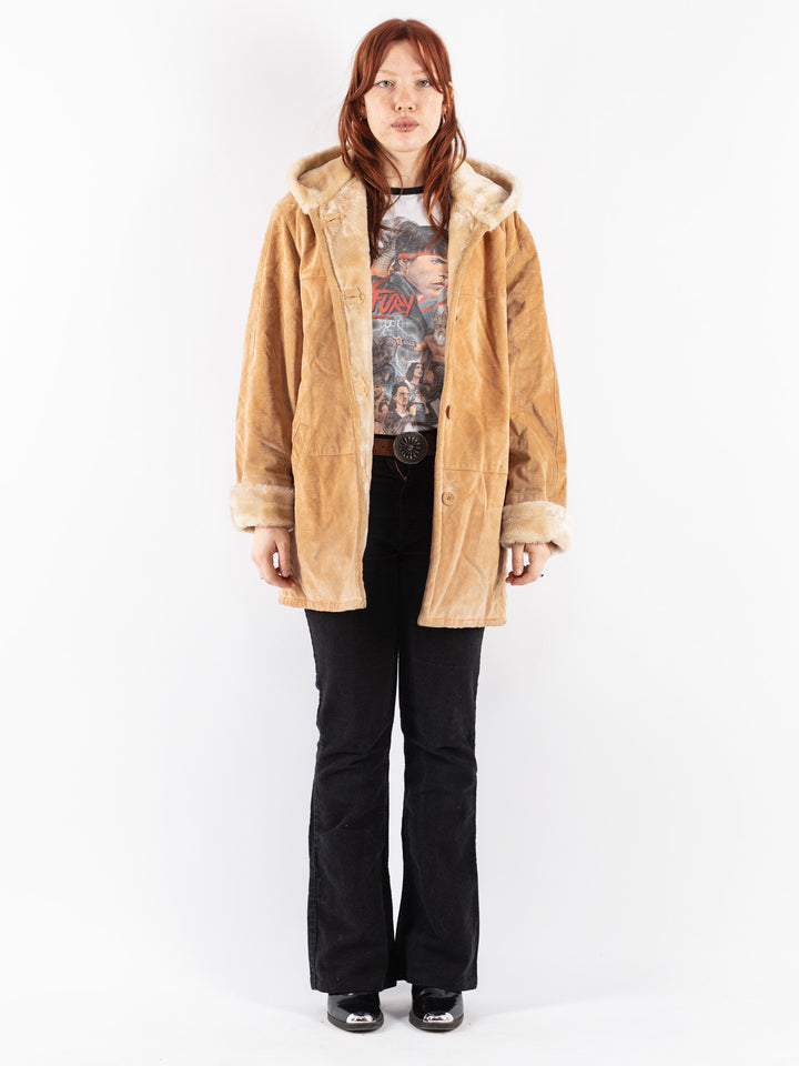 Vintage 90's Women Suede Sherpa Coat in Beige