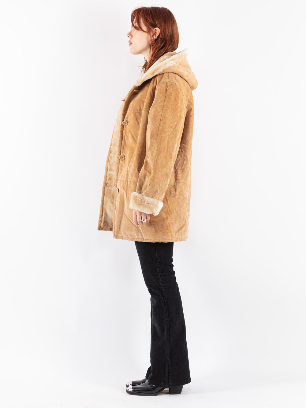 Vintage 90's Women Suede Sherpa Coat in Beige