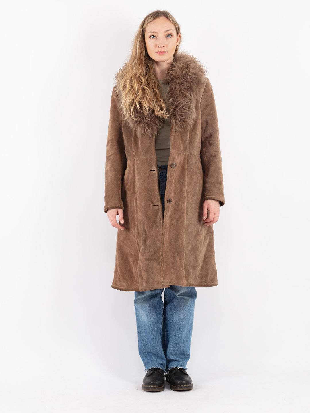 Vintage 90's Women Suede Sherpa Coat in Beige