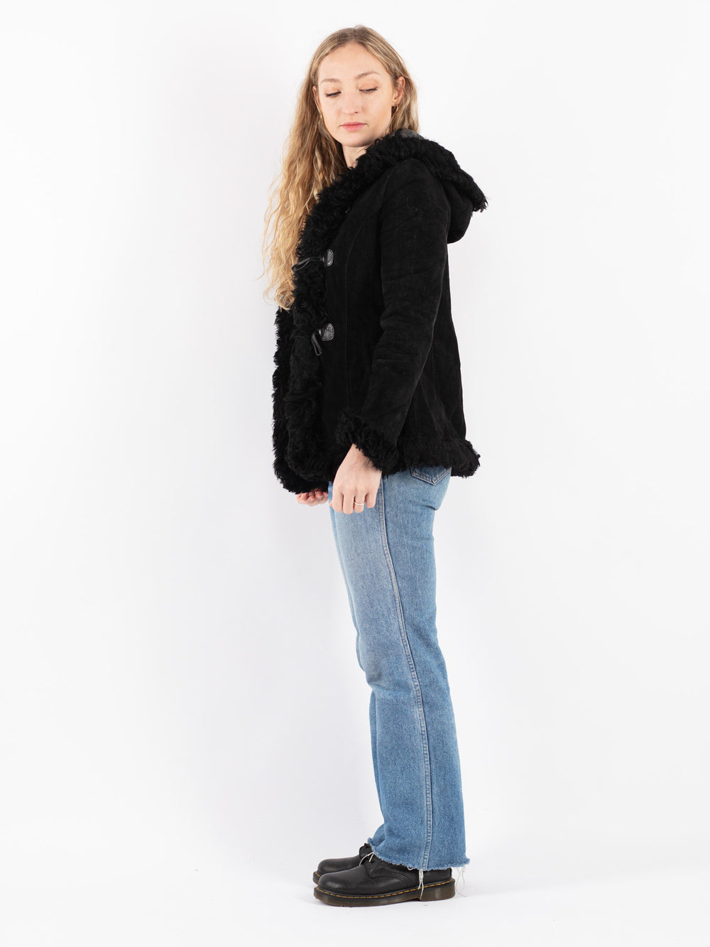 Vintage 90's Women Suede Sherpa Jacket in Black