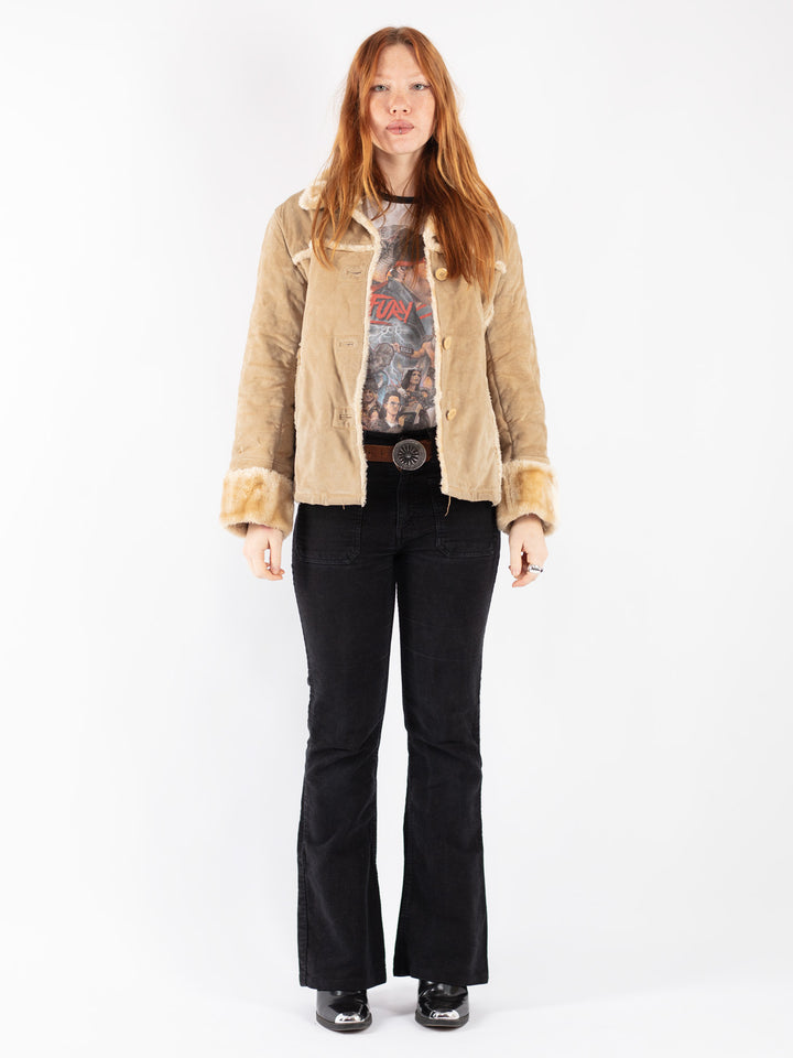 Vintage 90's Women Suede Sherpa Jacket in Beige
