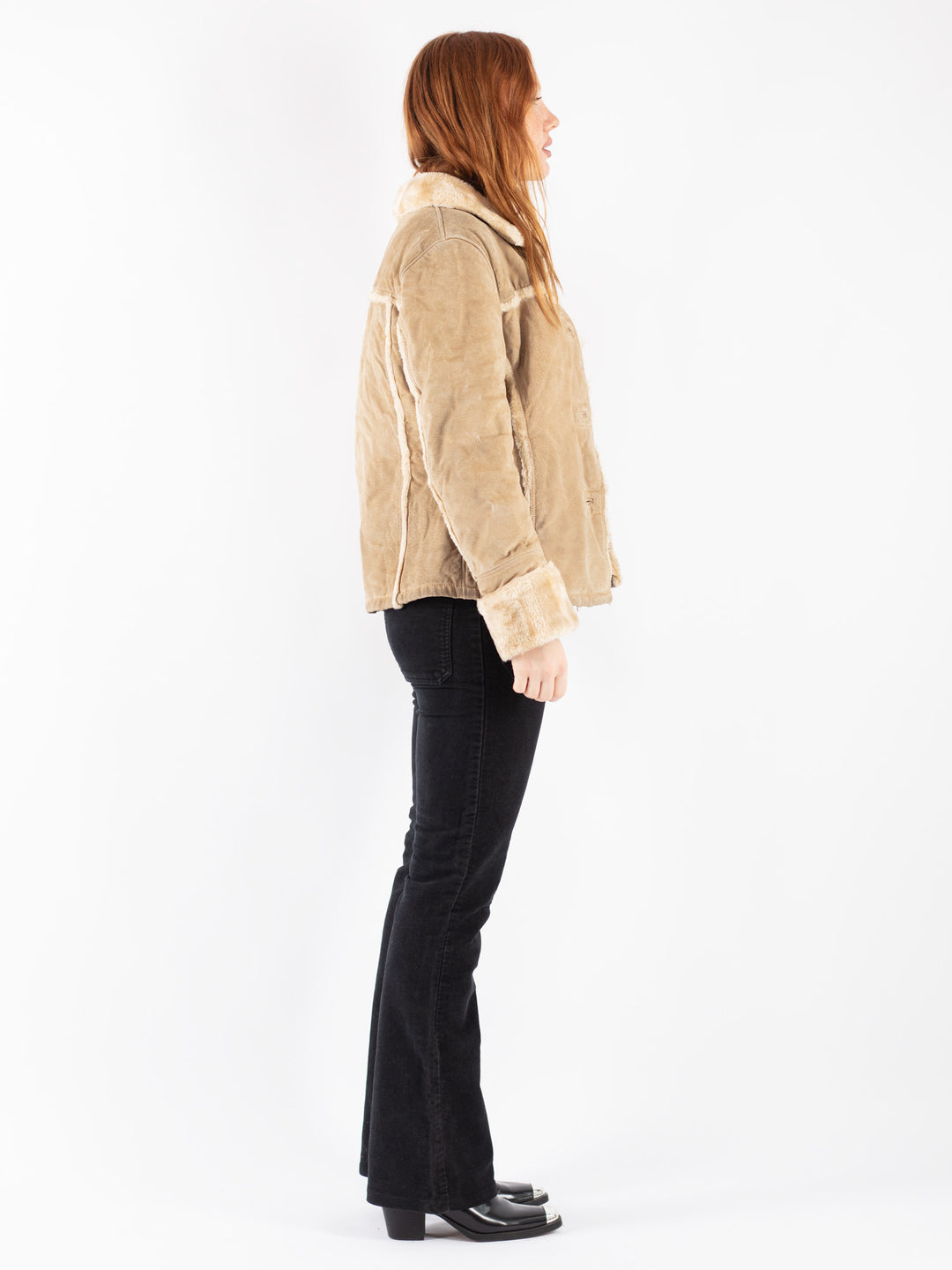 Vintage 90's Women Suede Sherpa Jacket in Beige