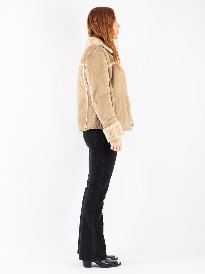 Vintage 90's Women Suede Sherpa Jacket in Beige