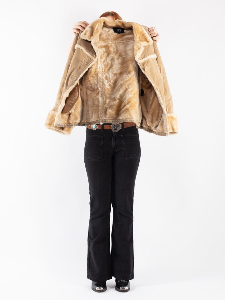 Vintage 90's Women Suede Sherpa Jacket in Beige