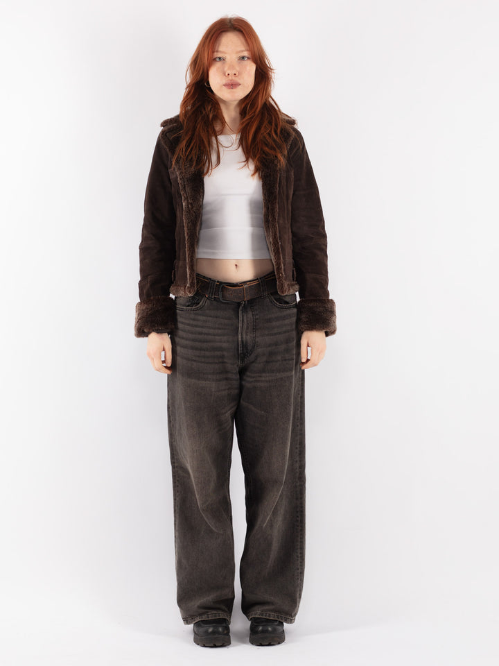 Vintage 90's Women Suede Sherpa Jacket in Brown