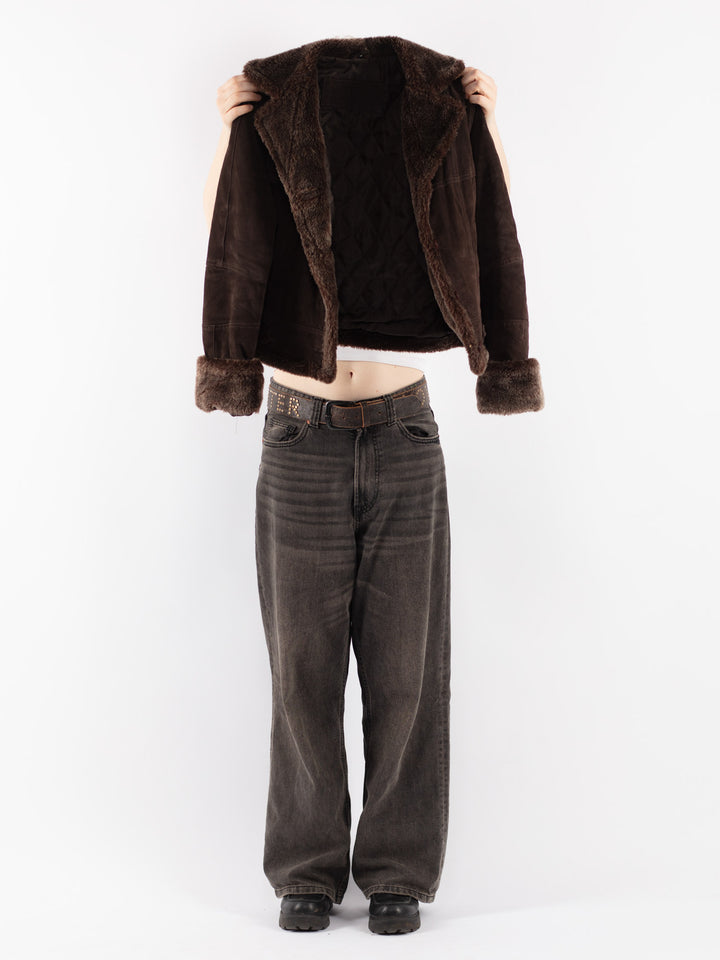 Vintage 90's Women Suede Sherpa Jacket in Brown