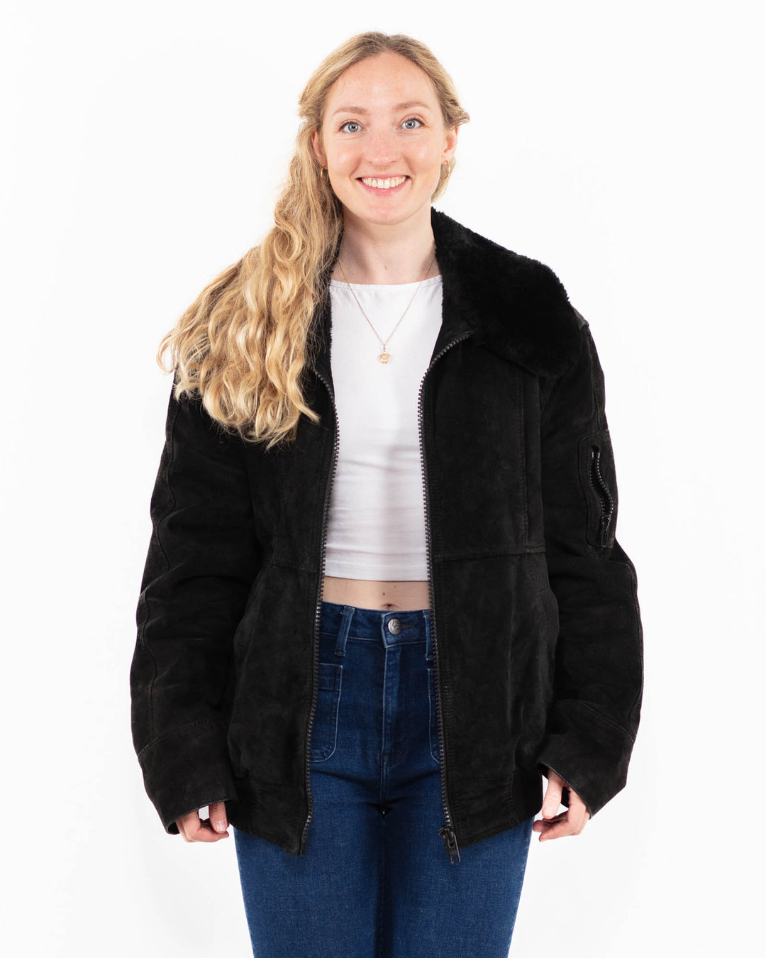 Vintage 90's Women Suede Sherpa Jacket in BlackA0030