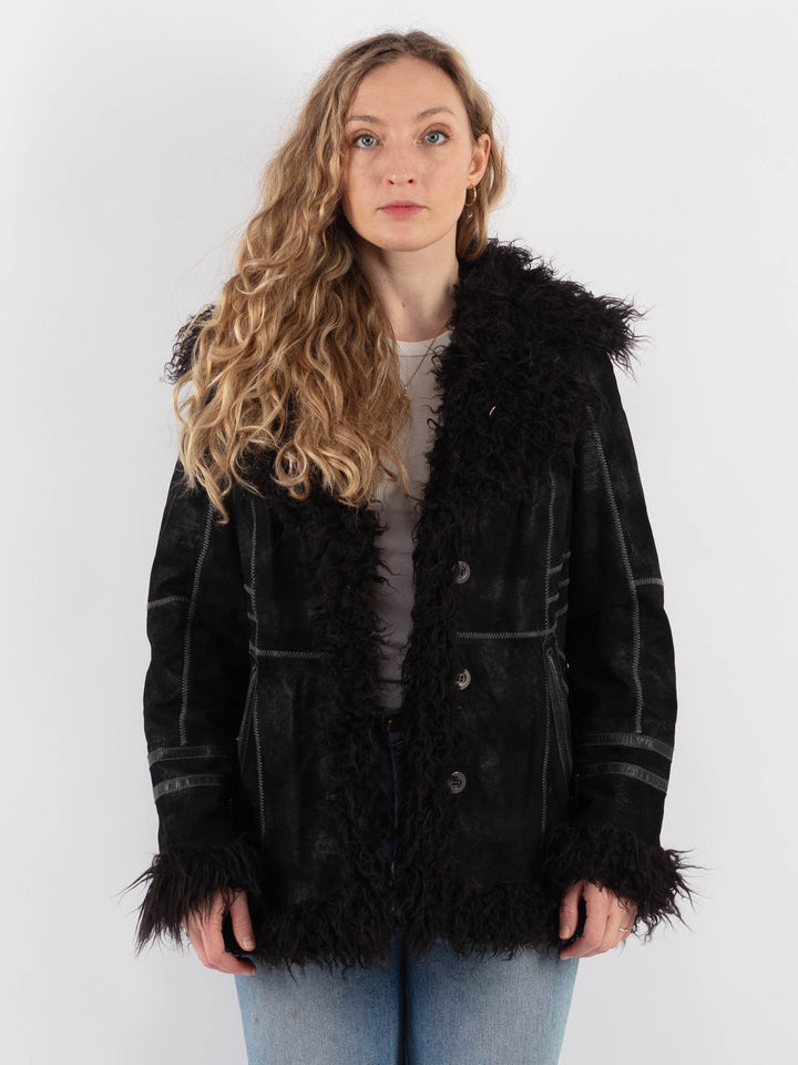 Vintage 90's Women Suede Sherpa Jacket in Black
